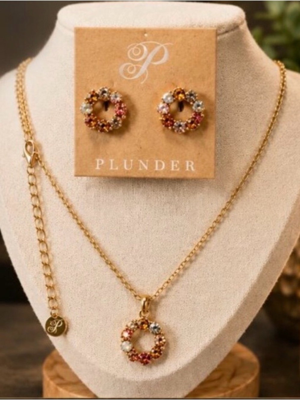 Plunder Gold-Tone Multicolor Crystal Circle Necklace and Earring Set